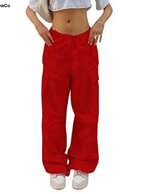 Women's Parachute Cargo Pants Baggy Low Waist Wide Leg Cinch Bottom Sweatpants